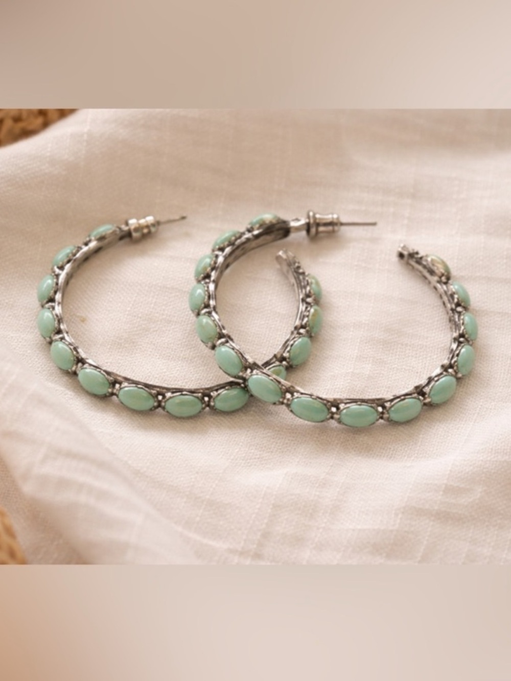 Turquoise Stone Hoop Earrings Silver Tone Boho Western Statement